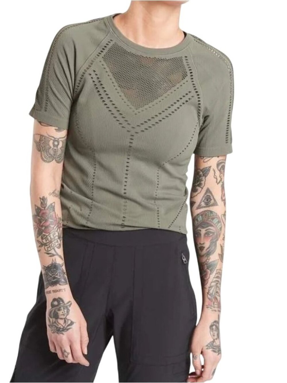 Athleta Oxygen Performance Tee Cut Out Womens Large Olive Seamless Athletic Top